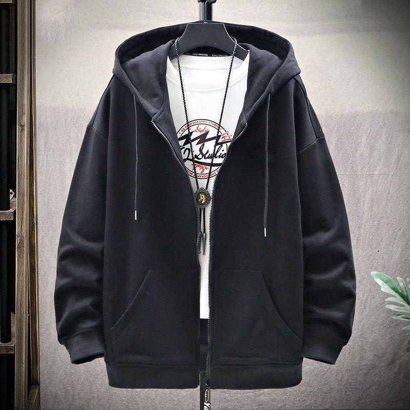 Pánský kardigan na zip s kapucí a fleecovou podšívkou v korejském stylu - Trendy volný střih plus size pro podzim a zimu