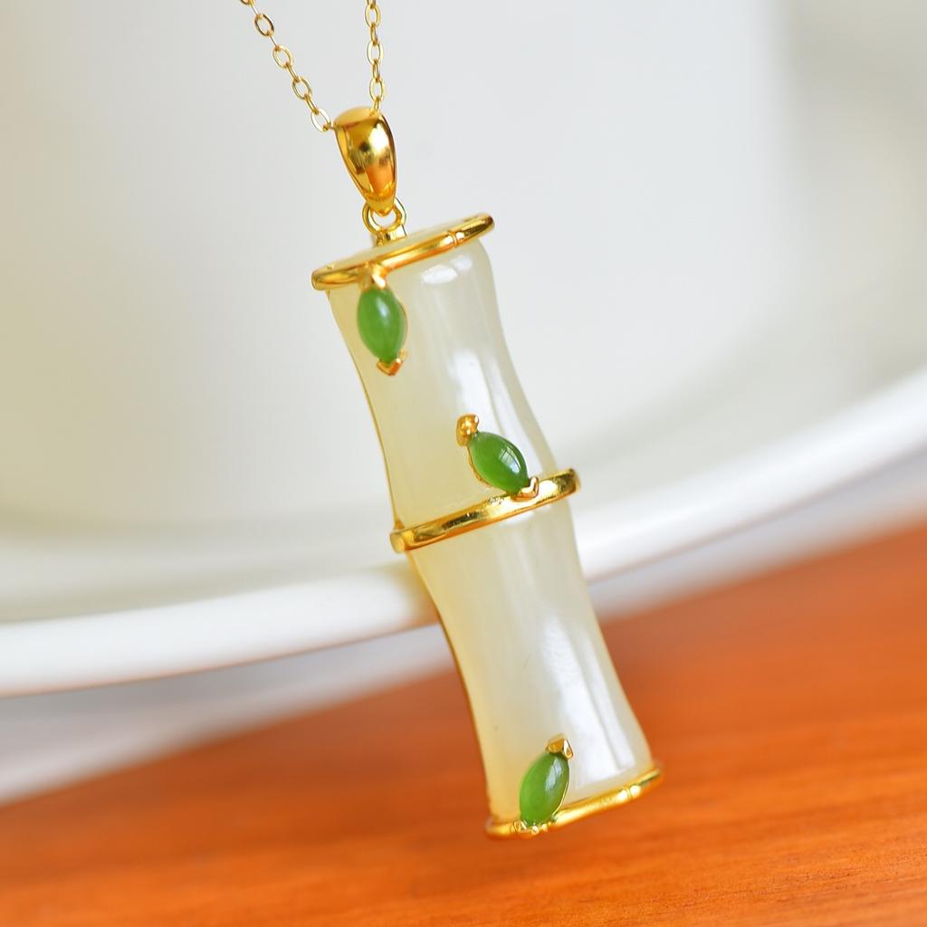 Hotan Jade S925 Silver Inlaid Bamboo Newspaper Peace Pendant for Women