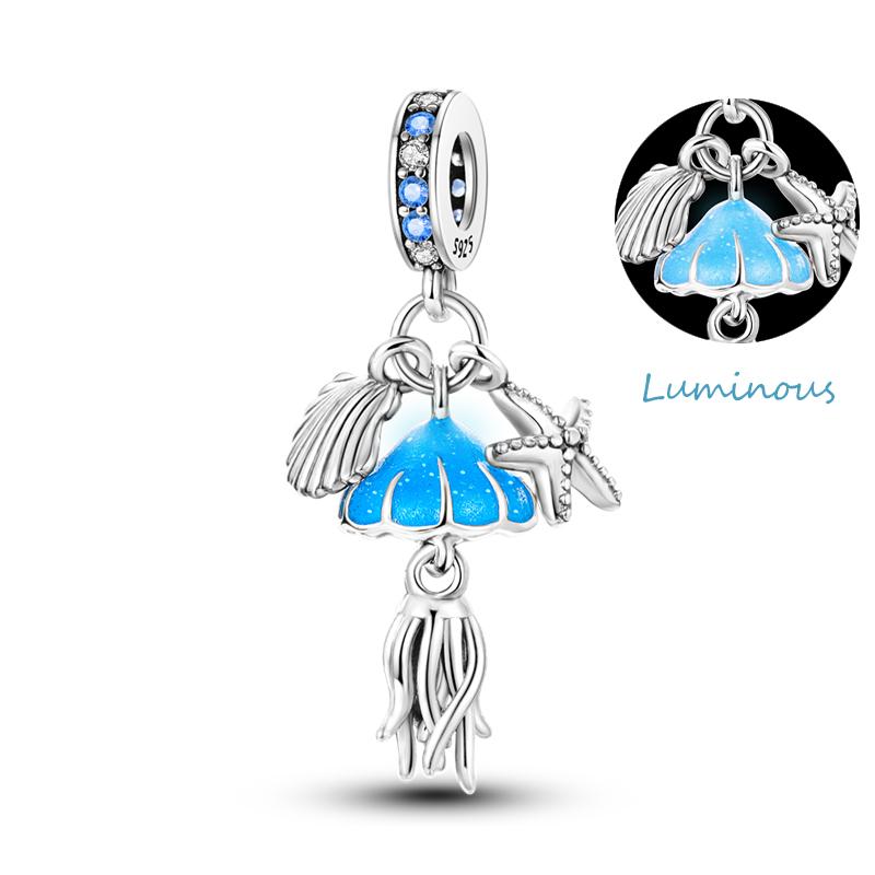 Copper Jellyfish Dolphin Turtle Starfish Shell Luminous Ocean Series Charms Beads Fit 3Mm Original Bracelets Diy Jewelry