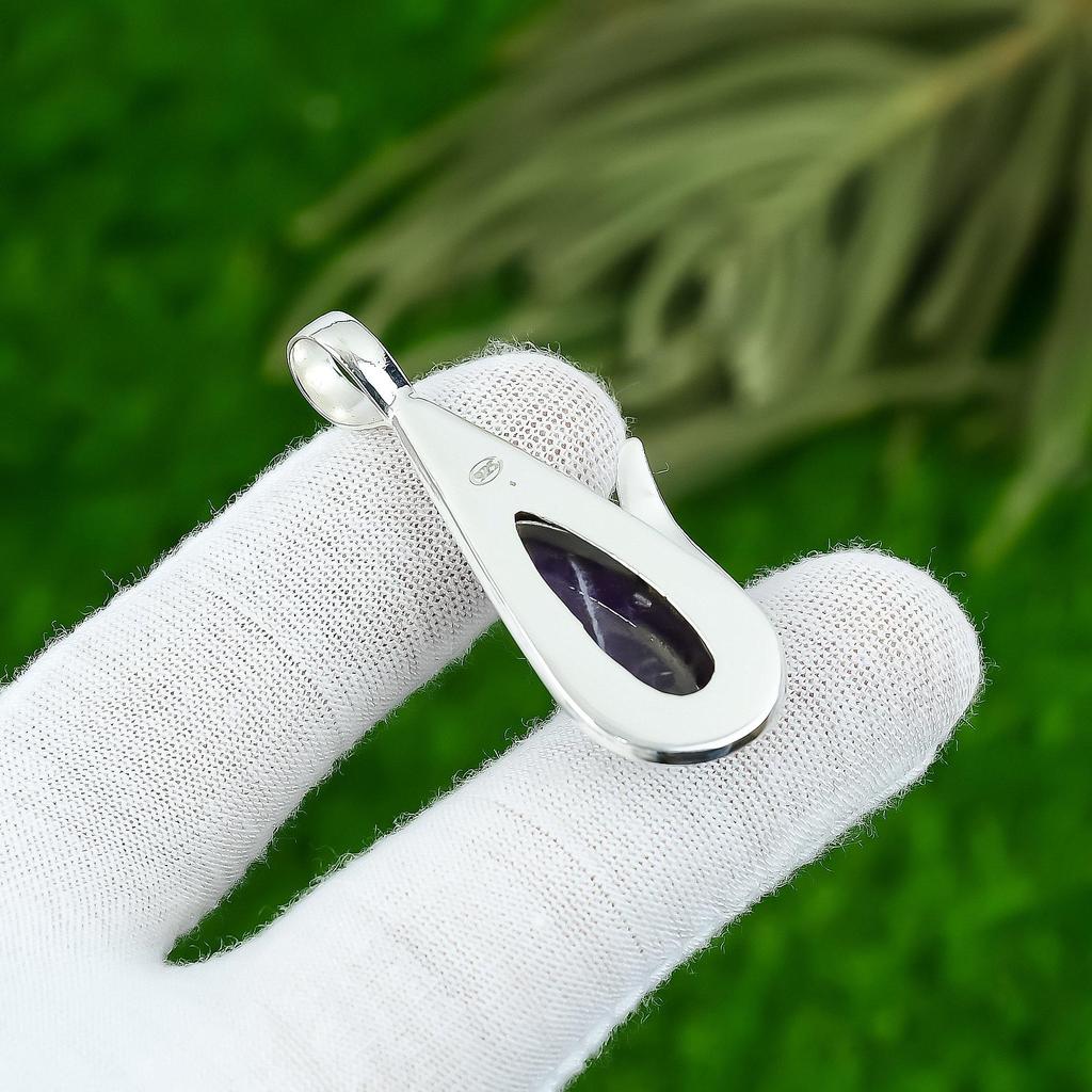 Crown Chakra Chevron Amethyst Gemstone 925 Sterling Silver Wife Bezel Pendant