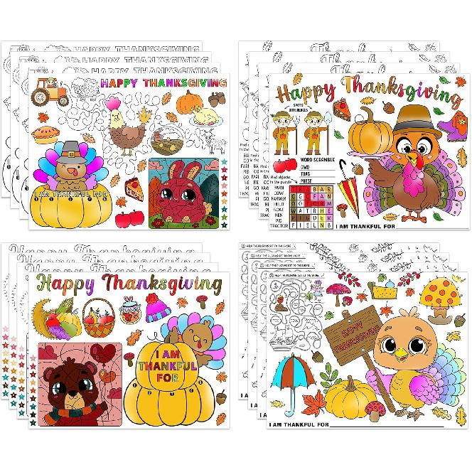 Thanksgiving Coloring Placemats for Kids - Set of 16 Turkey Table Mat Thanksgiving Disposable Paper Placemats Fall Harvest Thanks Giving Activities