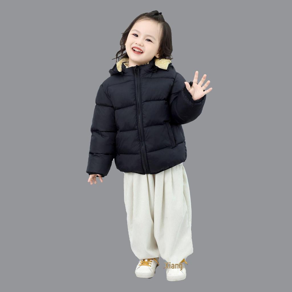 Unisex Kids' Thickened Velvet Hooded Cotton Jacket for Winter