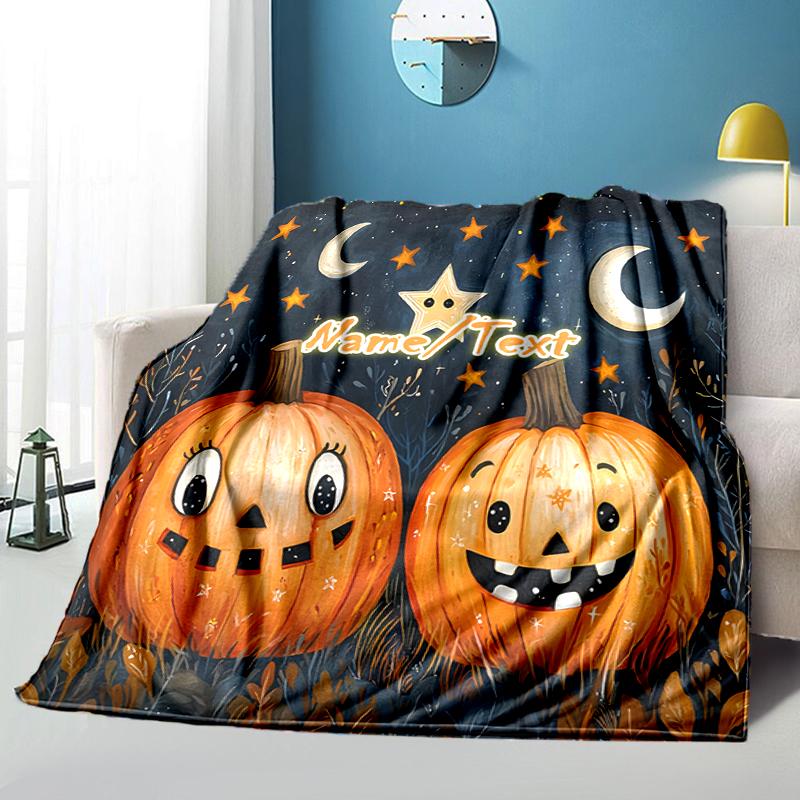 1PC Custom Name Halloween Night Pumpkins Outdooor Flannel Blankets Throw Blanket All-Season Throw Gift Bedspread for Couch, Bed, Camping Holiday Birth