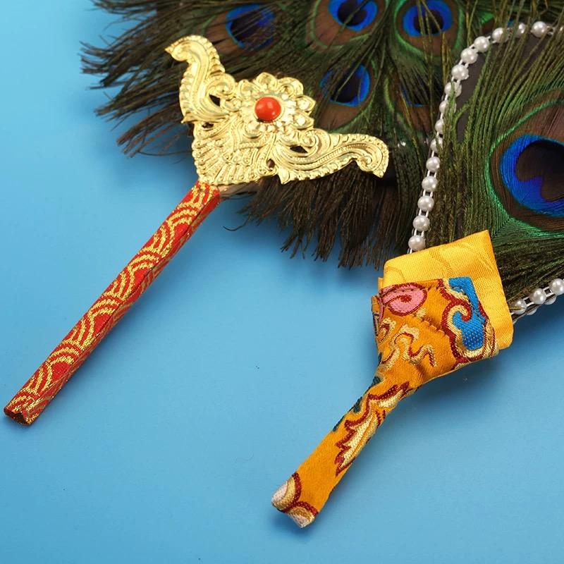 Nepal Wamba Pot Decoration Tibetan Peacock 31Eye Exquisite Feather Satin Hand Fan Holy Aquarius Ornament Buddhist Religious Item