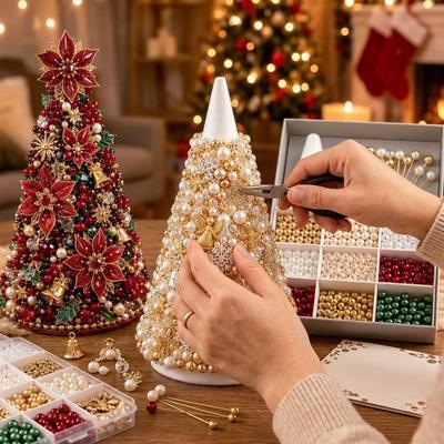 Colorful Beads DIY Beaded Christmas Tree Kit Star Topper Handmade Tabletop Christmas Tree Set Faux Pearl Educational
