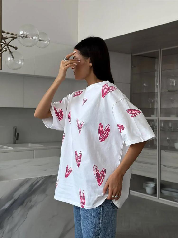 Maglietta casual da donna con scollo a V e stampa a cuore, estiva, a maniche corte, in cotone, da donna, basic, magliette, abbigliamento da donna