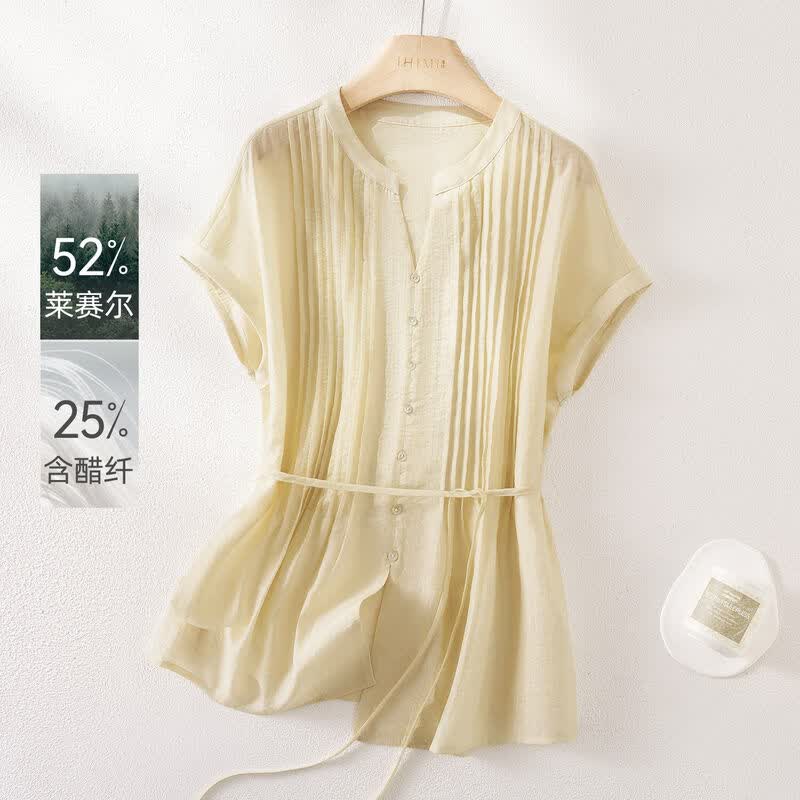 IHIMI Pleated Tencel Acetate V-Neck Blouse M