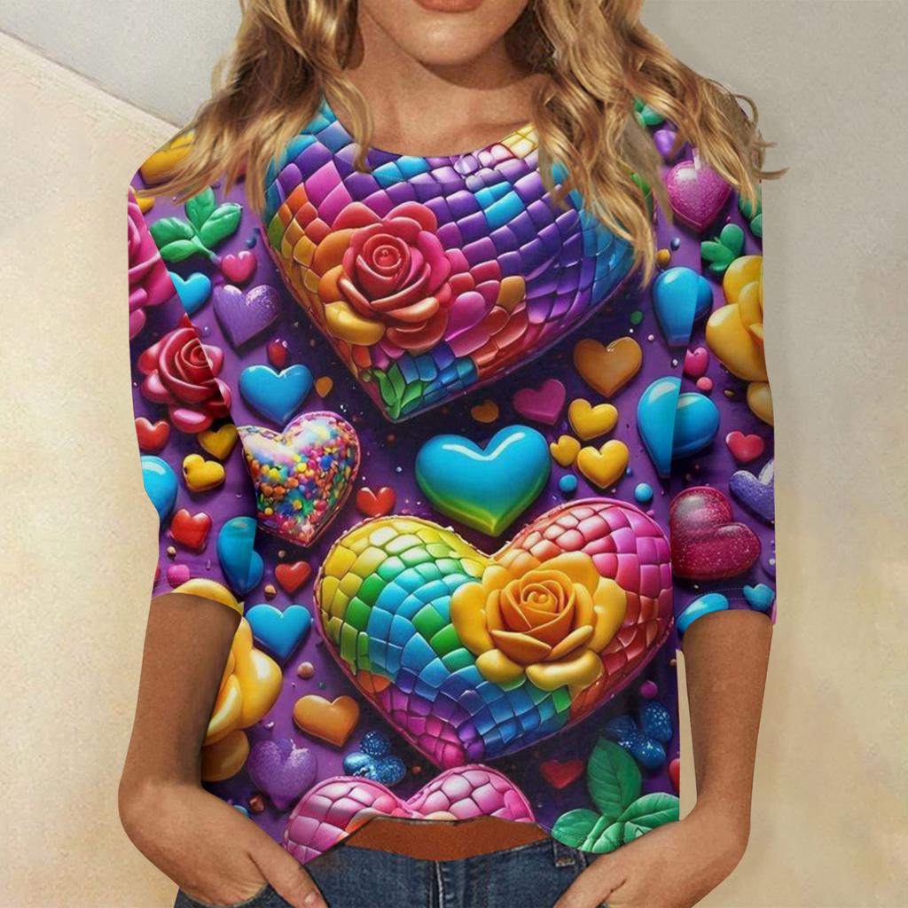 Damen Valentinstag Print Mode Lässig 3/4 Ärmel Rundhals Oberteil
