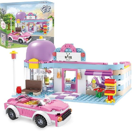 BRICK STORY Girls Friends Hair Salon Building Kit with 2 Mini People 5 Dolls Hair Creative Girls Friends Sets 358 Pieces with a Pink Convertible Car