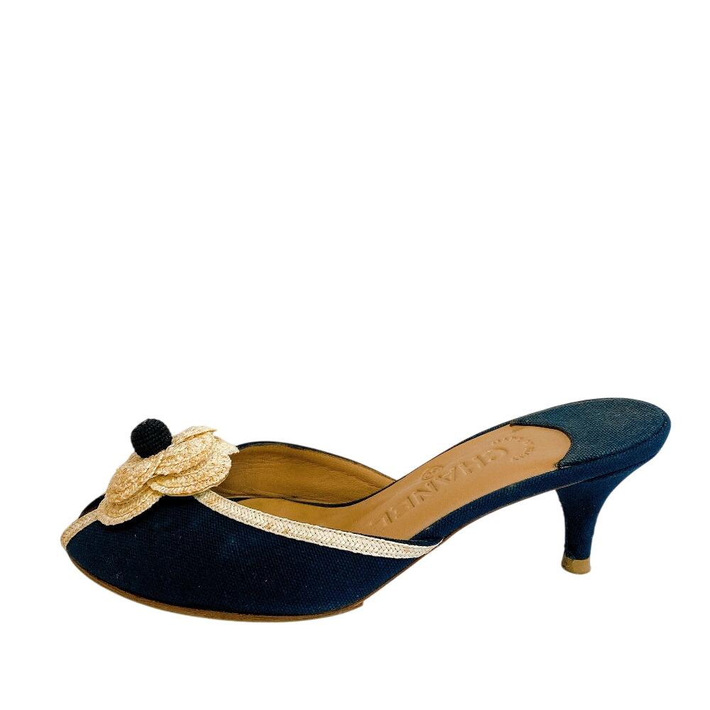 CHANEL Camellia COCO Mark canvas Mule black canvas Used