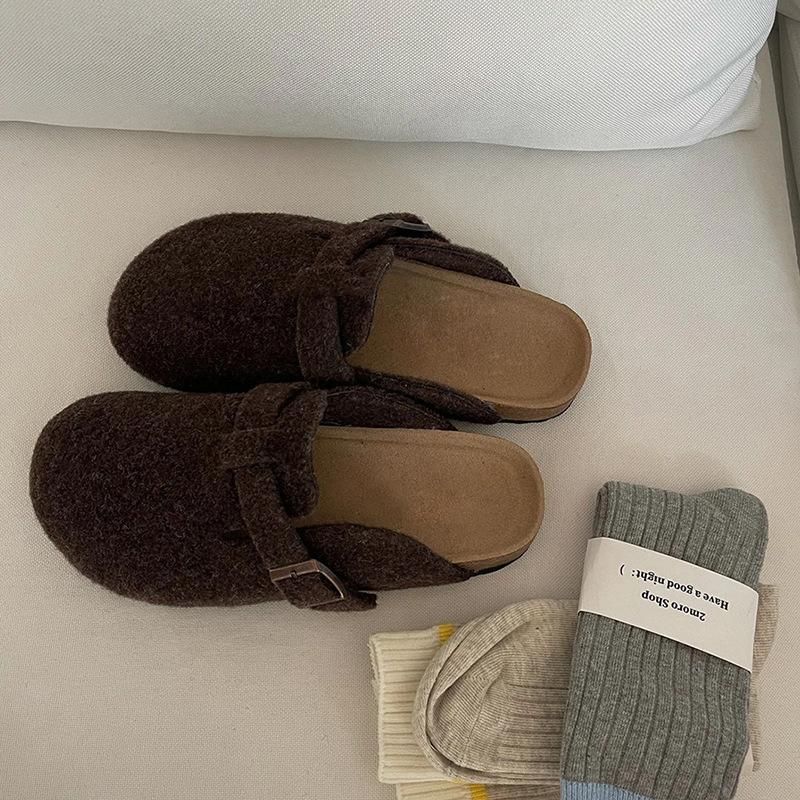 Baotou half slippers women wear popular Internet celebrity woolen flat cork Birkenstocks