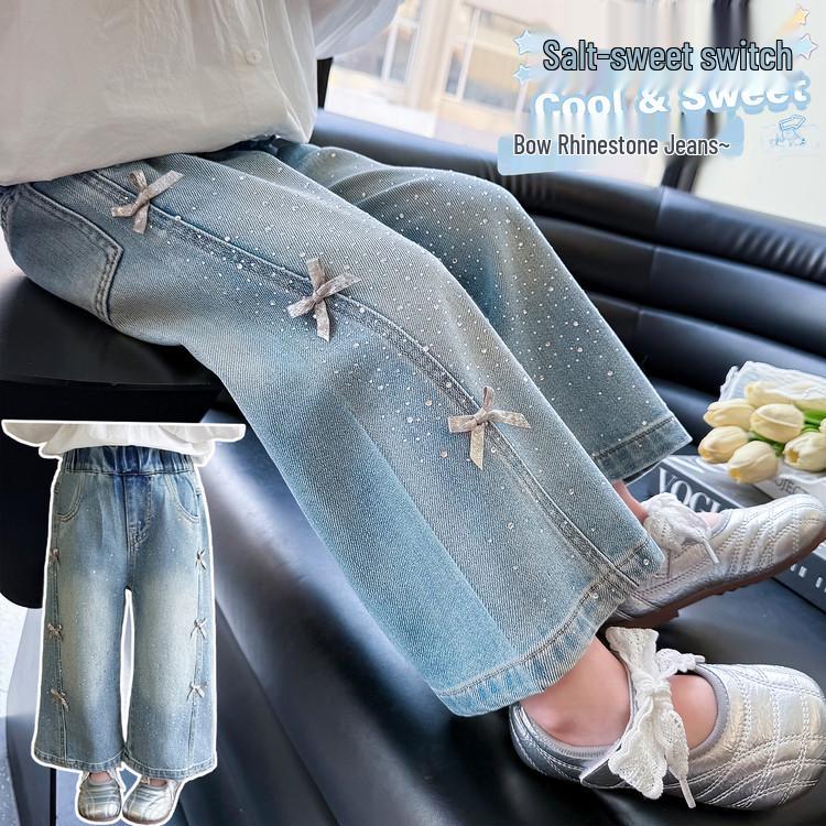 Girls' 2026 Spring Rhinestone Star Denim Jeans - Drapey Straight-Leg Casual Pants