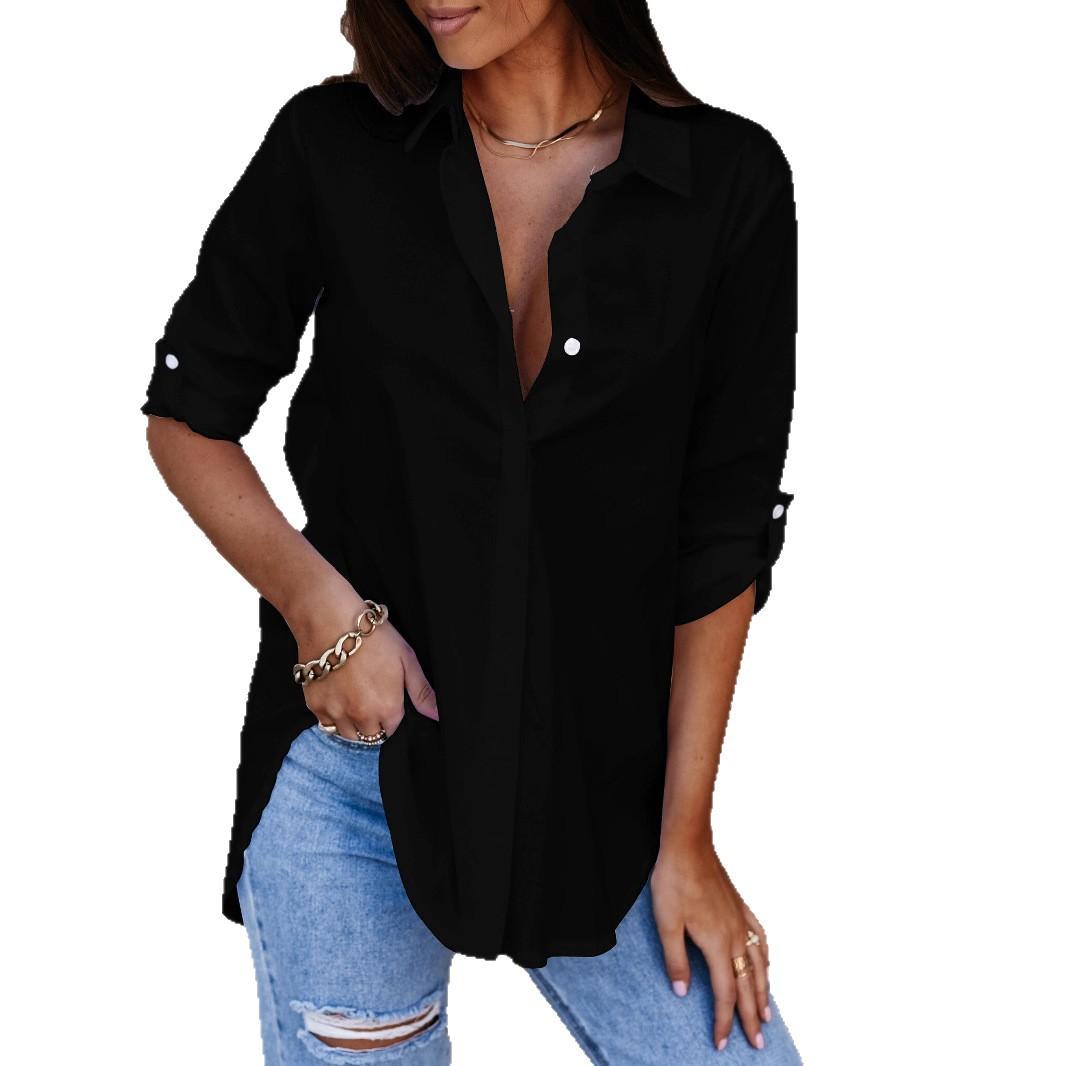 

Женская формальная рубашка большого размера, однотонная, с длинным рукавом, отложным воротником, на пуговицах, рабочая рубашка XL чёрный