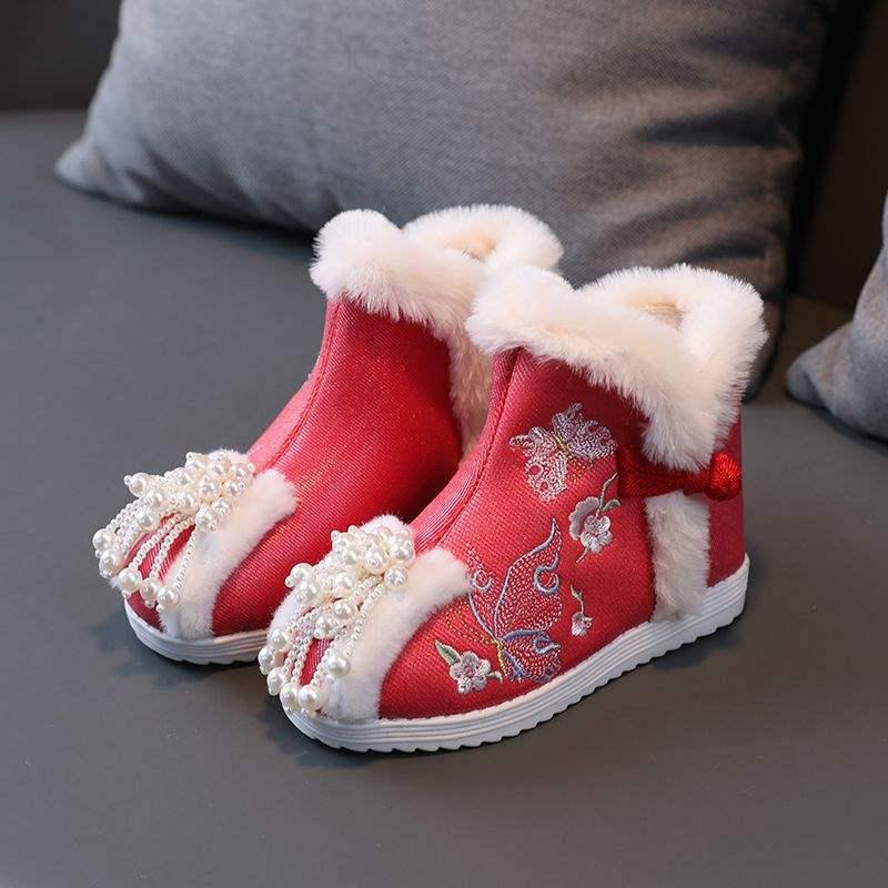 Cizme de Bumbac Căptușite cu Lână Hanfu pentru Copii - Stil Iarnă 2026, Pantofi Tradiționali Chinezești Brodați pentru Fete
