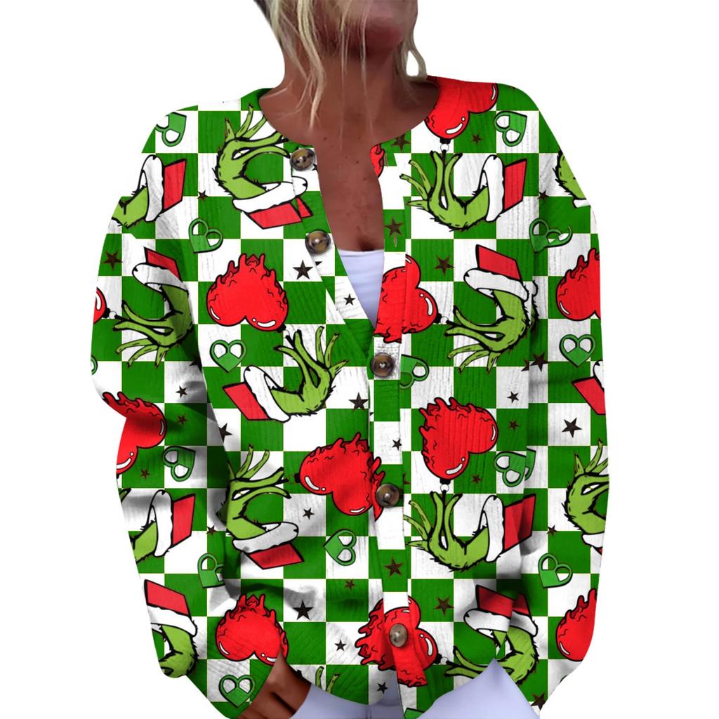 Women's Fashion Christmas Printed Long Sleeve Knitted Cardigan Button Down Jacket