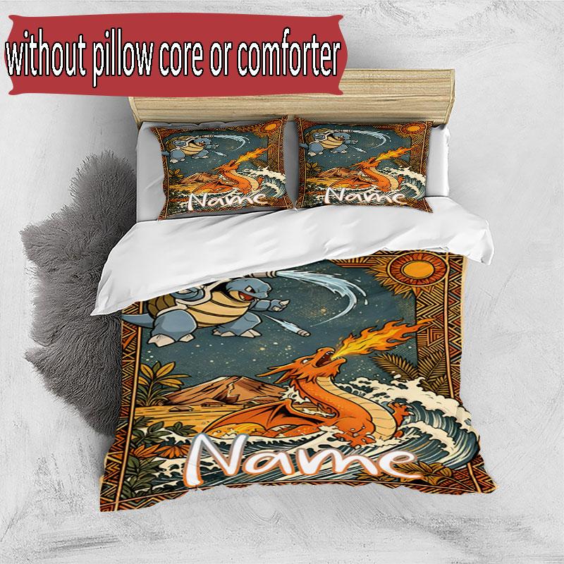 3pcs Duvet Cover Set (1*Duvet Cover + 2*Pillowcase, Without Core), Custom Name Charizard VS Blastoise Pattern Bedding Set, Home Bedroom Decor Gift