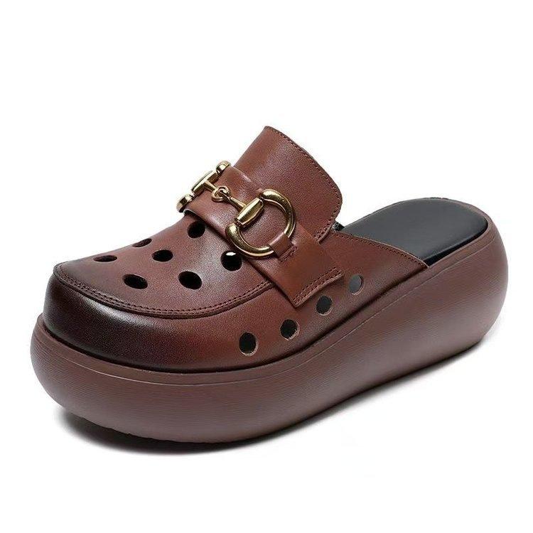 Baotou Half Slippers Women's Summer Fashion Outer Wear 2025 New Hollow Hole Shoes Soft Leather Muffin Thick Sole Heightening Sandals