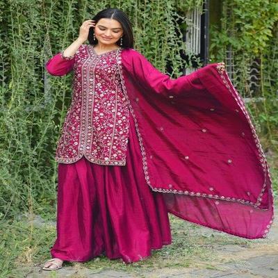 Vibrant Magenta Embroidered Sharara Suit with Intricate Work