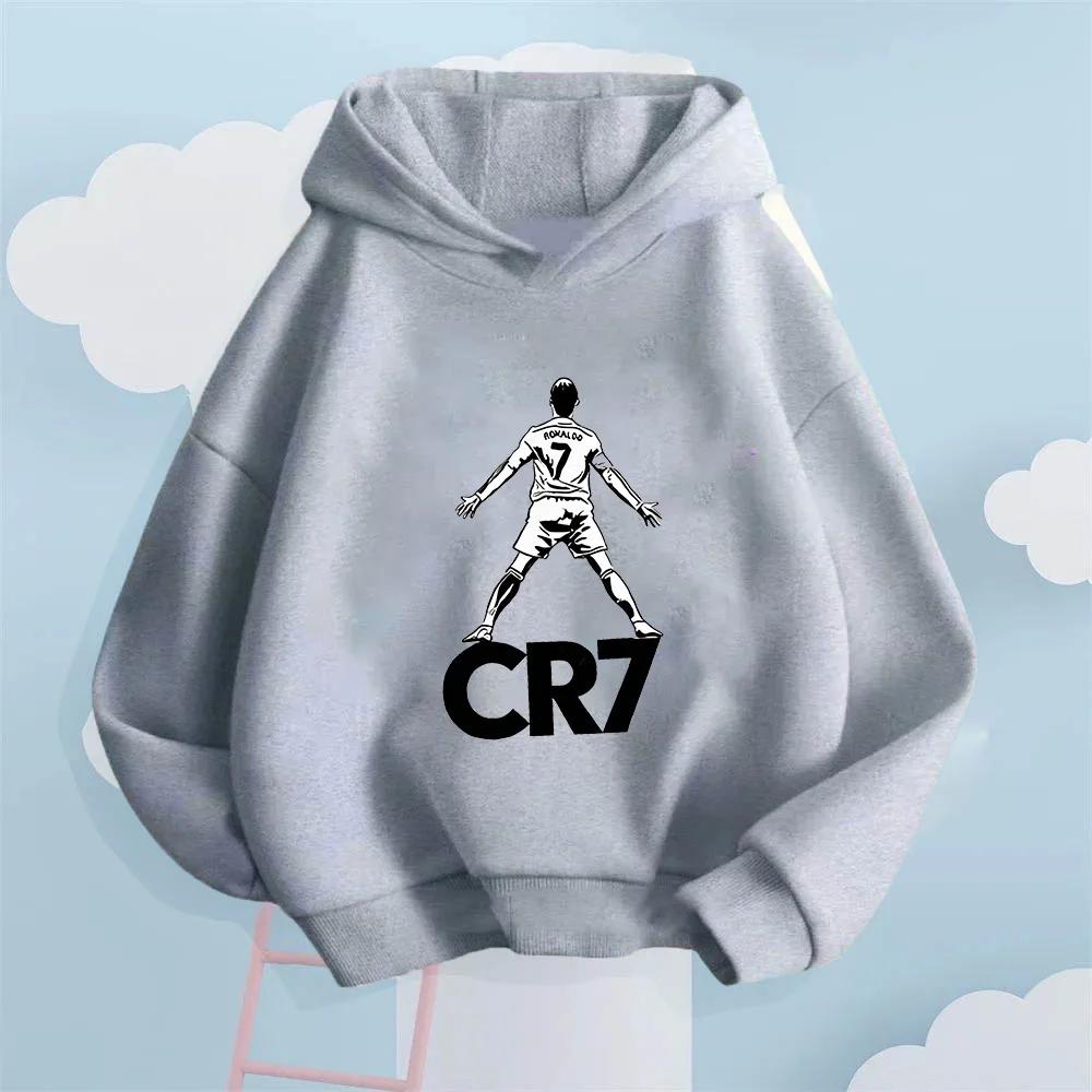 Kids CR7 Ronaldo HoodieChildren White Drawstring Hooded Sweatshirt Football Star Graphic Print Casual Pullover Top Sports Outfit
