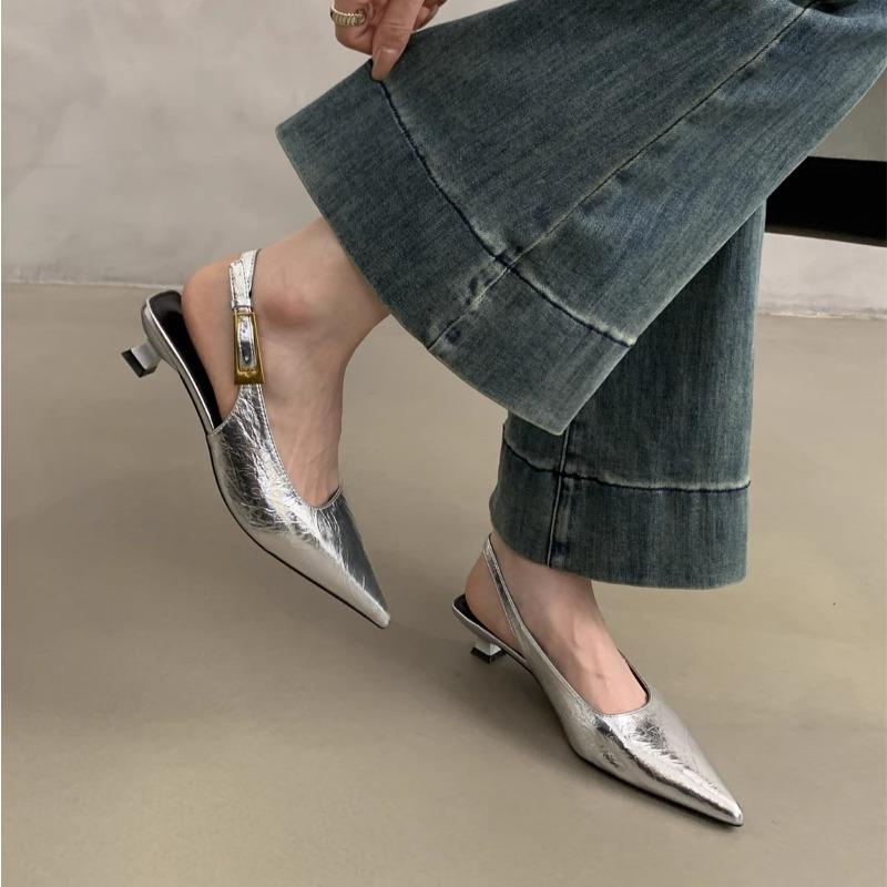 Fashion 2025 Black Summer New Women Sandal Fashion Pointed Toe Shallow Slip On Ladies Elegant Slingback Shoes Thin Med Heel Dress Mules