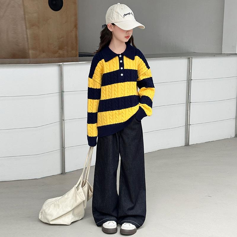 2025 Girls' Korean Style Autumn Casual Set: Fashionable Sweater and Jeans for Spring and Fall