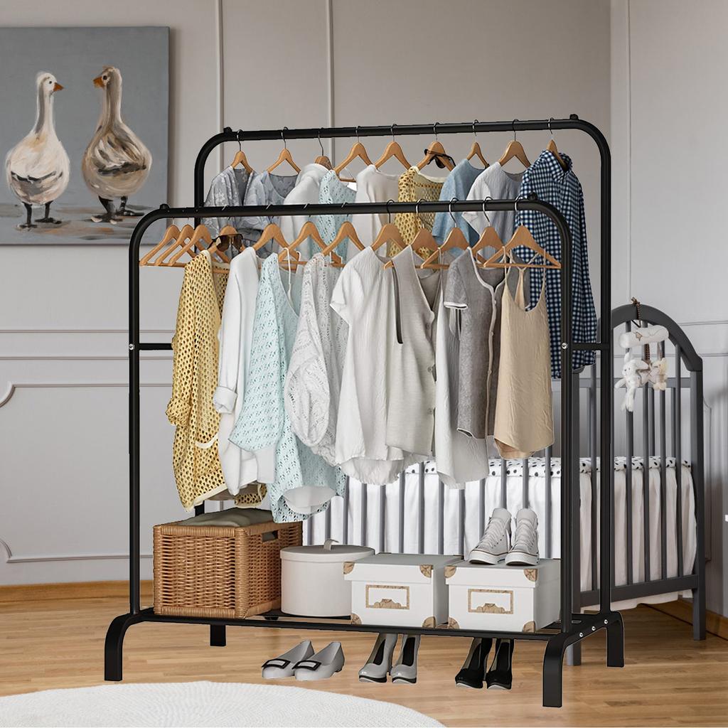 Garment Rack Freestanding Hanger Double Pole Multi-functional Bedroom Clothing Rack, Metal Clothing Garment Rack with Shelves, B
