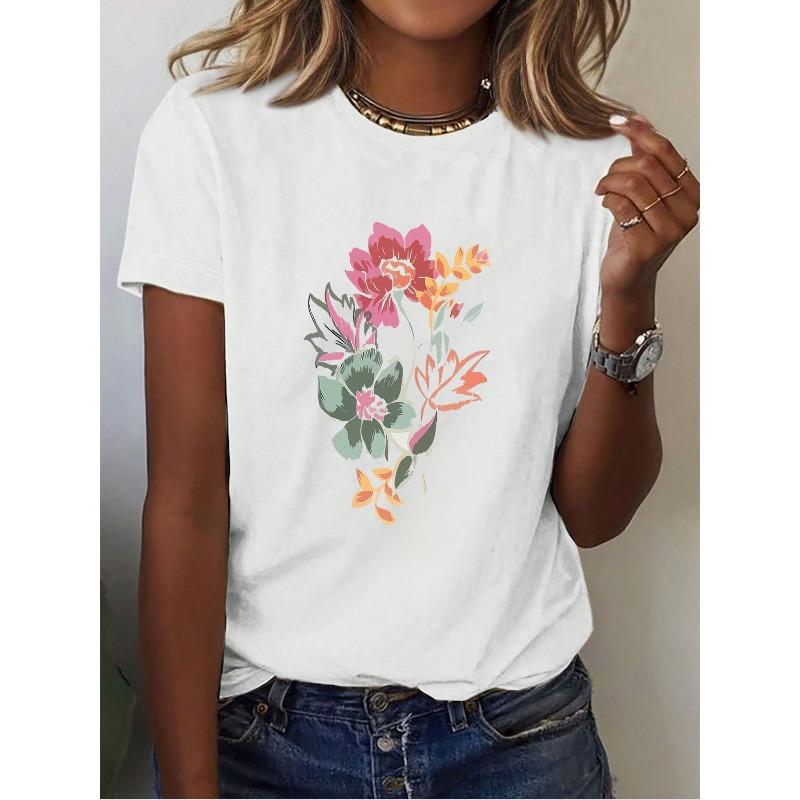 

Women s Watercolor Floral Print T-Shirt Casual Short Sleeve Tee For Spring Summer Valentine s Day S белый