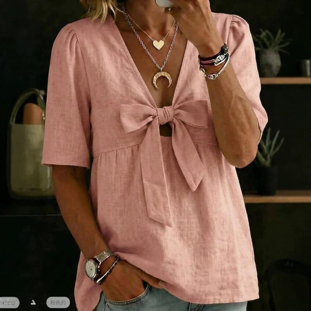 Women New Summer Fashion Loose Casual V-neck Tie Bow Blouse