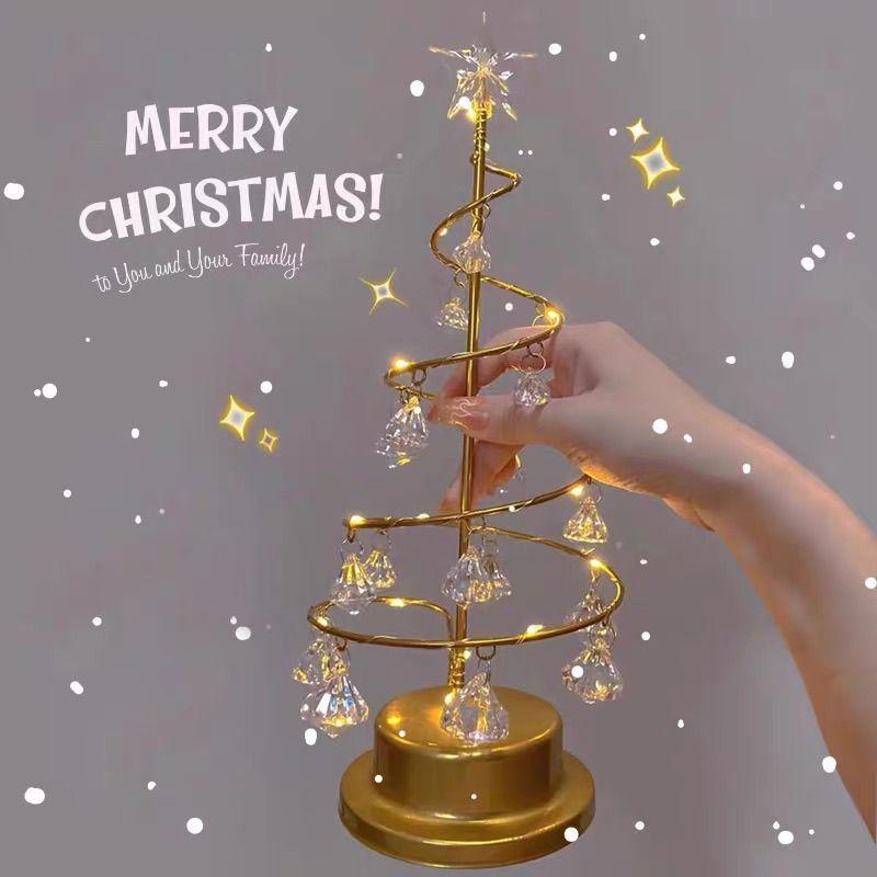 European style iron rotating luminous Christmas tree crystal night light Christmas gift girl heart candlestick bedroom decorative light