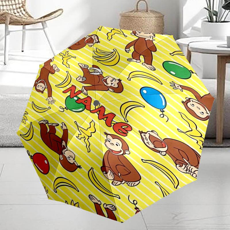 Custom Name Curious George Theme Automatic Umbrella, Lightweight & Portable, 8 Rib, Perfect for Outdoor Travel, Birthdays, Christmas, Gifts.