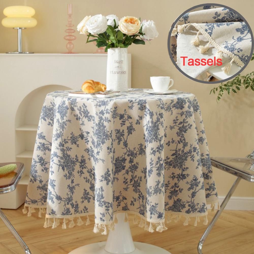 Floral Round Tablecloth Cotton Linen Table Cloth With Tassels For Restaurant, Picnic, Indoor And Table Cover Home Decoration