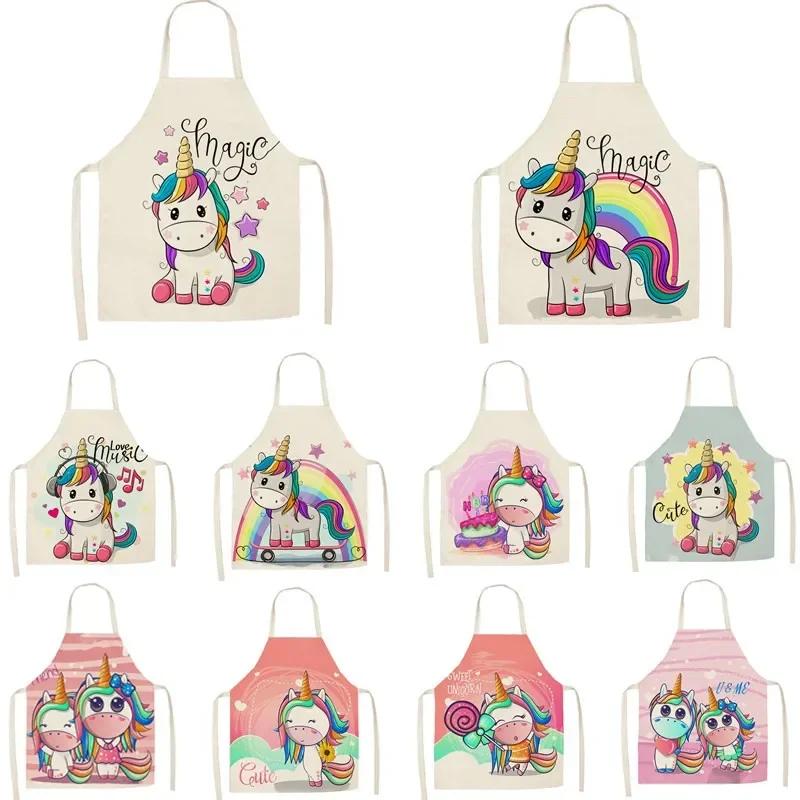 1Pcs Kitchen Apron Cartoon Unicorn Music Printed Cotton Linen Aprons for Women Men Cooking Accessories Delantal Cocina Mujer