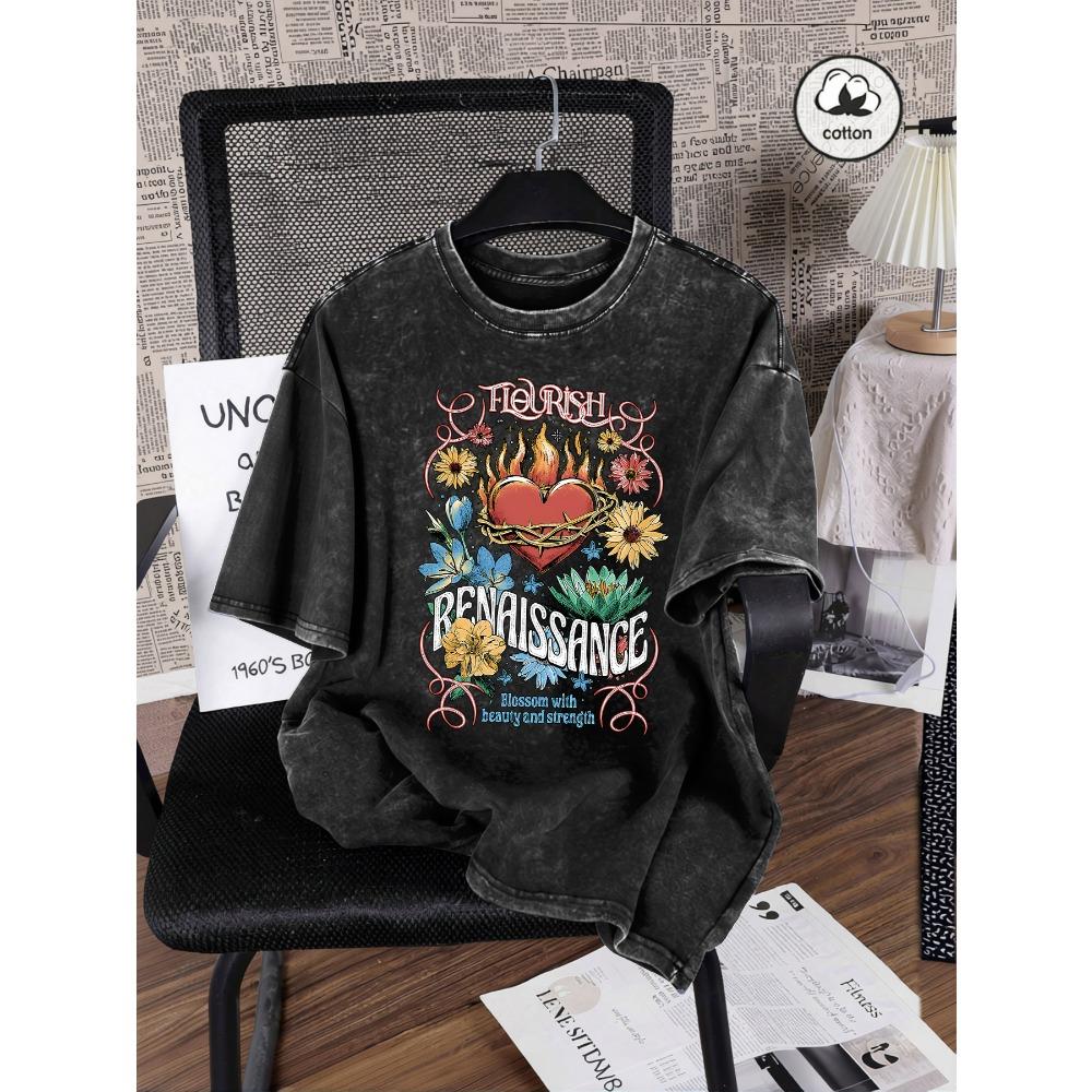 Renaissance Printing Washed T Shirts Woman Cotton Oversized T-Shirt Casual Summer Short Sleeves Y2K Womens Clothes