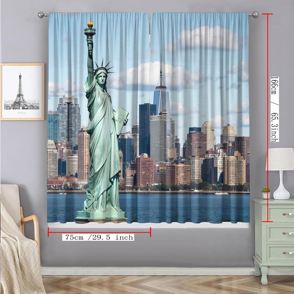 New York Statue of Liberty Skyline Curtains Set of 2 Rod Pocket Semi Sheer for Living Room Bedroom Decor