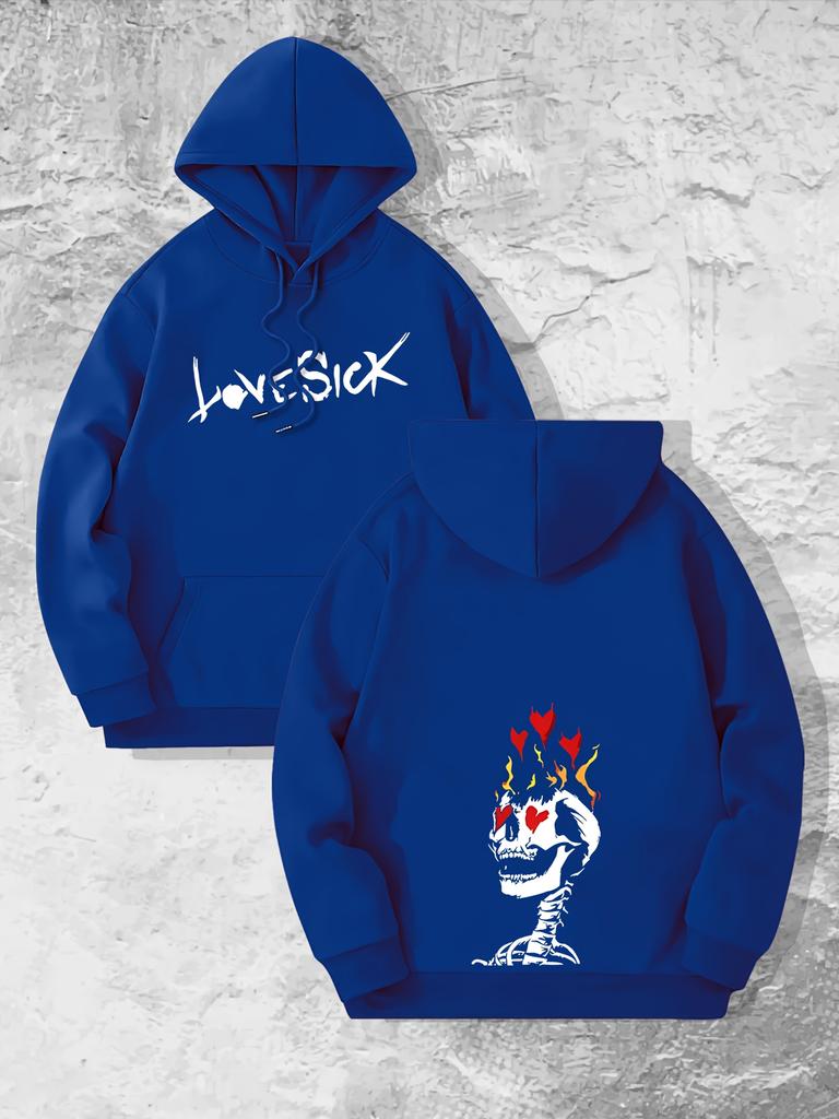 Lovesick Skull Flame Heart Hoodie Unisex Gothic Streetwear Sweatshirt Front Back Graphic Pullover