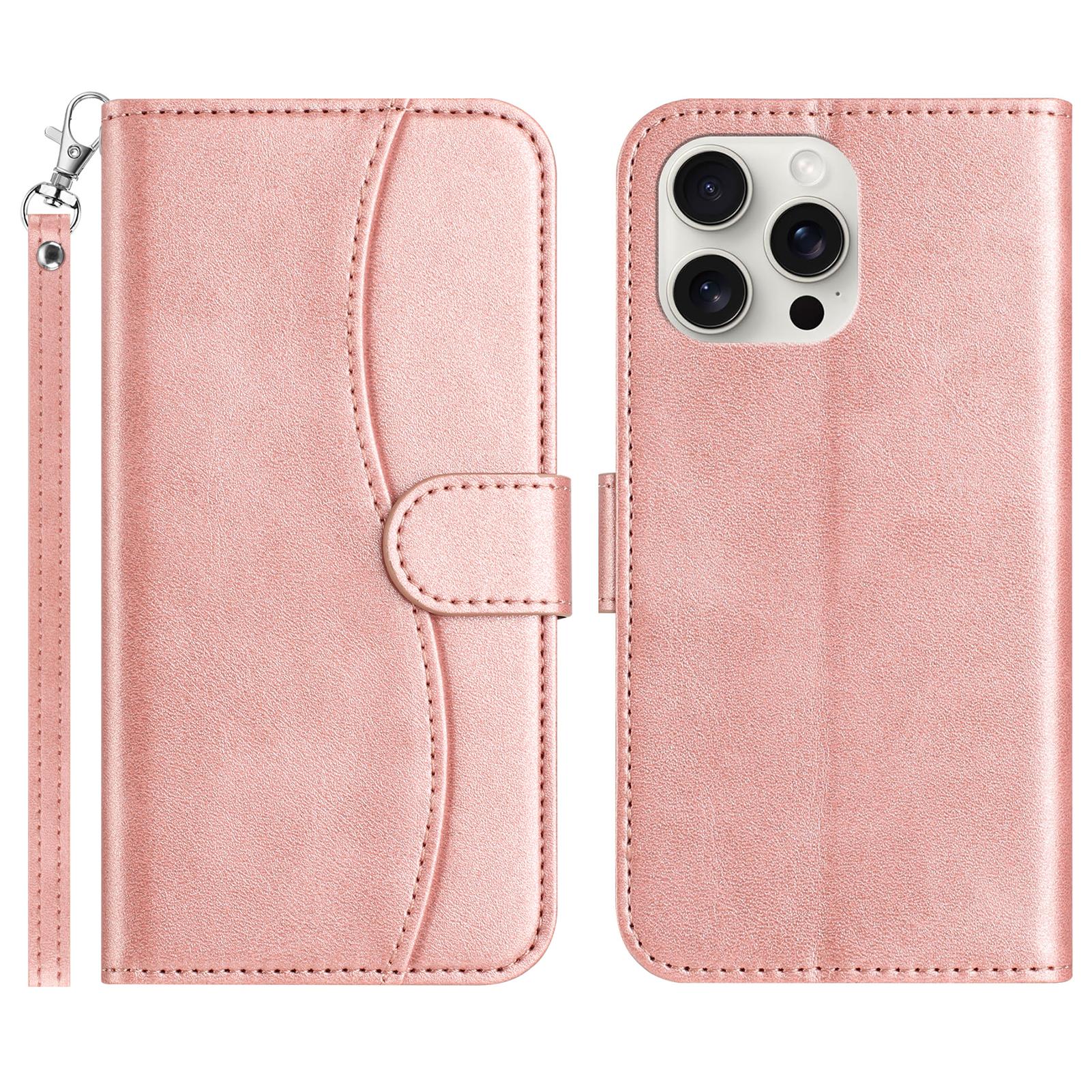 

For iPhone 16 Pro Stand Case with Strap PU Leather Wallet Phone Cover S Shape Stitching Design Rose Gold