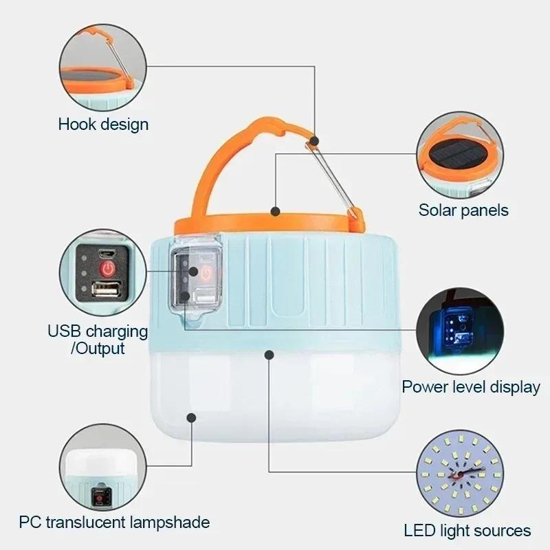 Outdoor Solar Camping Light High Power Work Light LED Flashlight Emergency Power Bank Tent Hanging Lamp Lantern Rechargeable