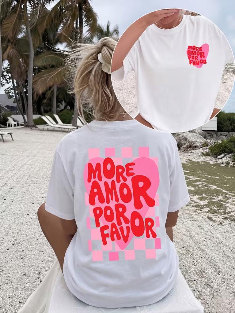 Unisexs Tshirt More Amor Por Favor Heart Checkerboard Print Casual Loose T Shirt Streetwear Daily Wear Durable Casual T Shirt