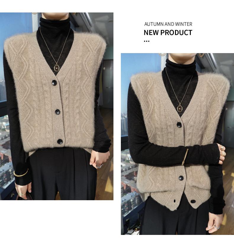 Dámská vlněná kardiganová vesta s výstřihem do V - Vrstvený pletený bezrukávý svrchní oděv s ramenními vycpávkami na podzim/zimu