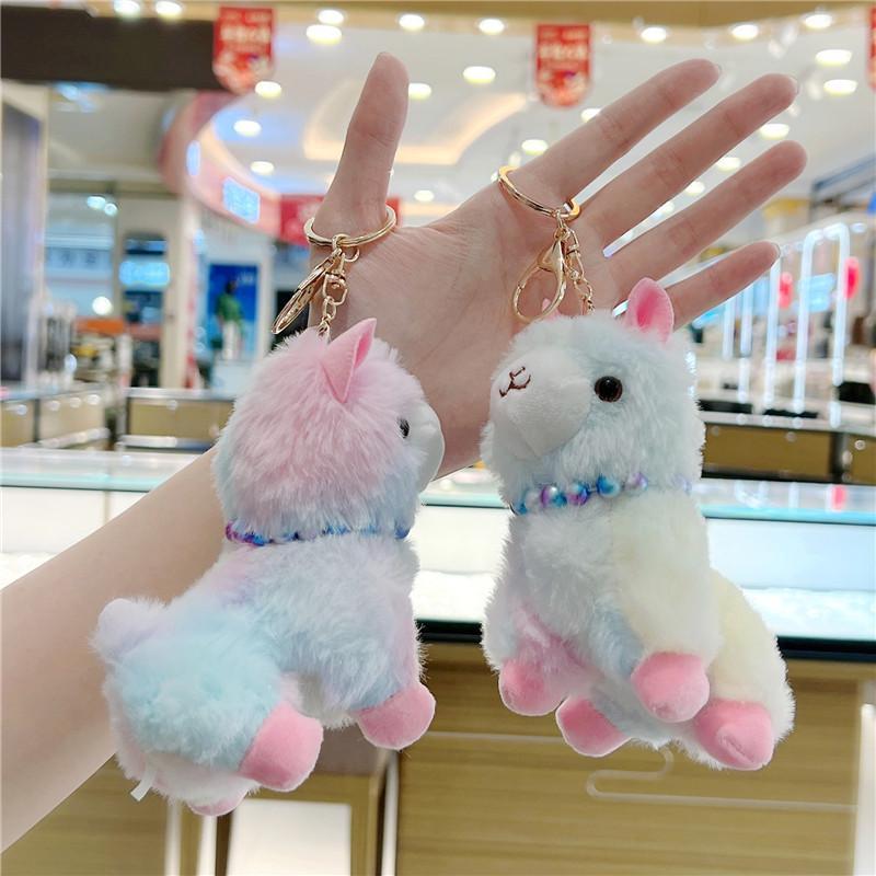 Fluffy Gradient Stuffed Alpaca Keychain Plush Durable Metal Clasp Cute Bag Charm for Daily Wear Accessory
