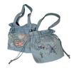 New Bow Embroidery Large Capacity Denim Drawstring Tote Bag Fashionable Shoulder Handbag