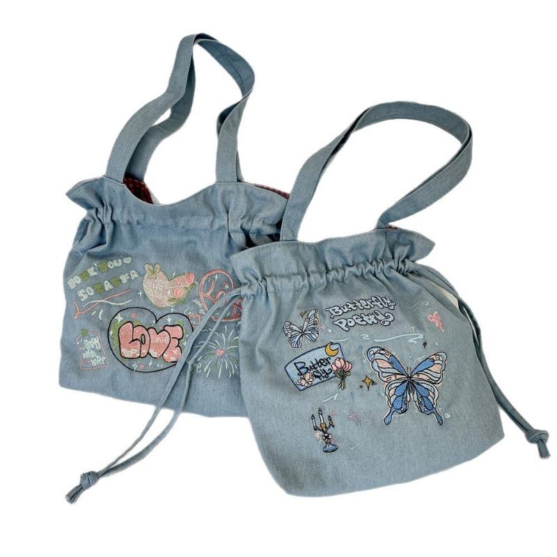 New Bow Embroidery Large Capacity Denim Drawstring Tote Bag Fashionable Shoulder Handbag