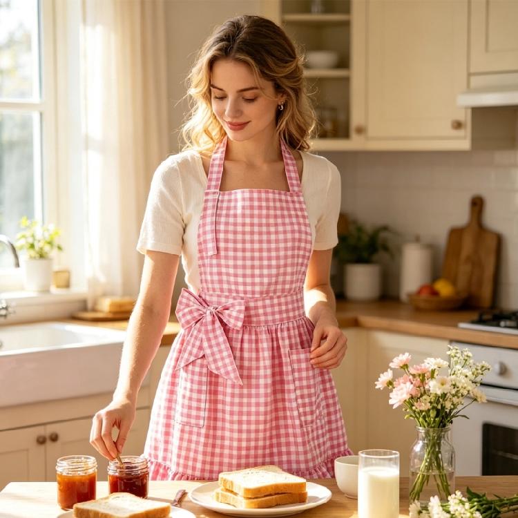 Cooking and Baking Apron with Checkered Pattern, 2 Front Pocket and Ruffle Lower Edge for Kitchen Wear Daily Use
