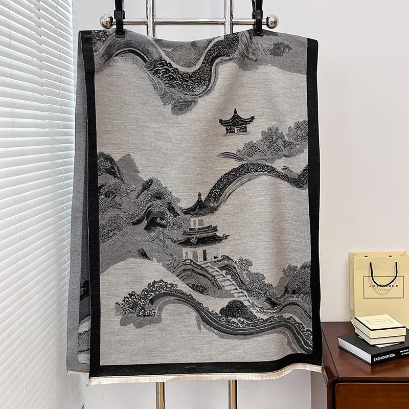 National Style Ancient Building Antique Retro Autumn And Winter Women'S Imitation Cashmere Short Beard Fringed Warm Scarf Shawl Scarf