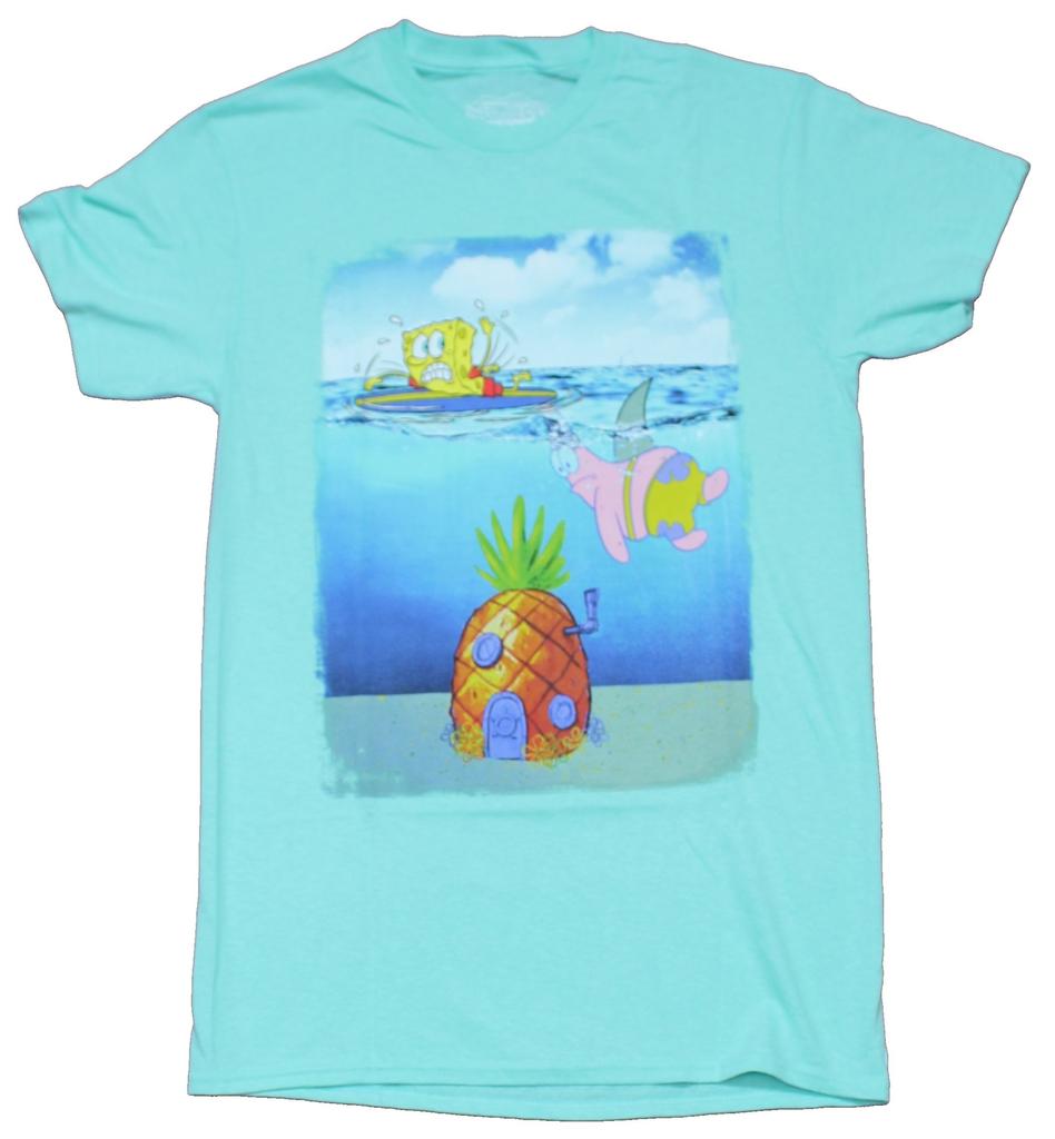 Spongebob Squarepants Adult New T-Shirt Bob Running From Patrick Shark