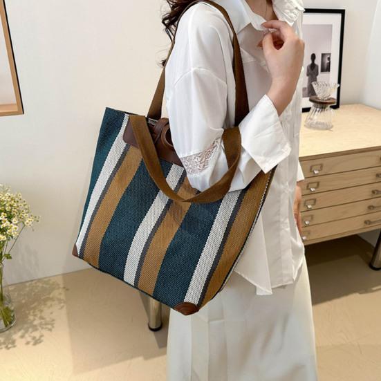 Striped Shoulder Bag Ladies Canvas Tote Bag Zipper Closure Handbag Shoulder Tote for Daily Use Commuting Dating Parties