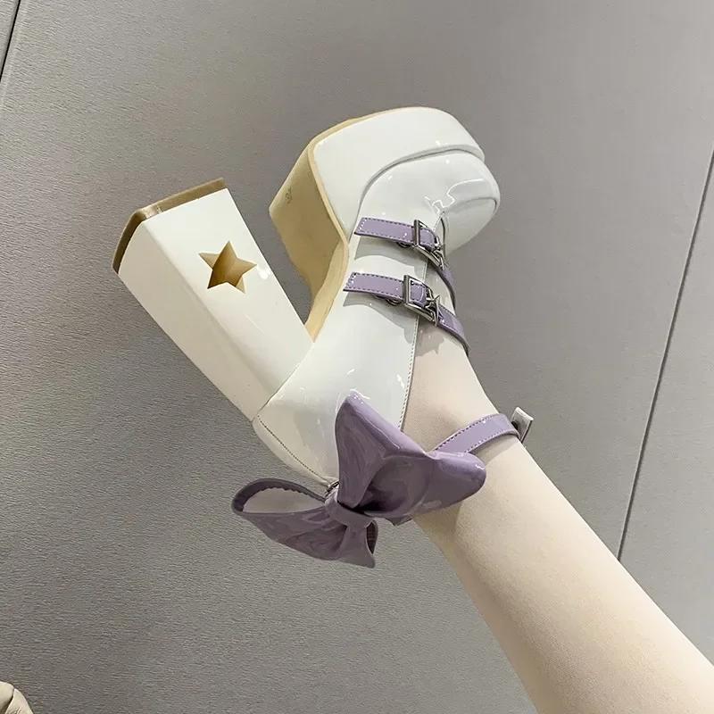 2024 Hot New Autumn Solid Color Bow Heels Chunky Mary Jane Women's Shoes Platform Heels