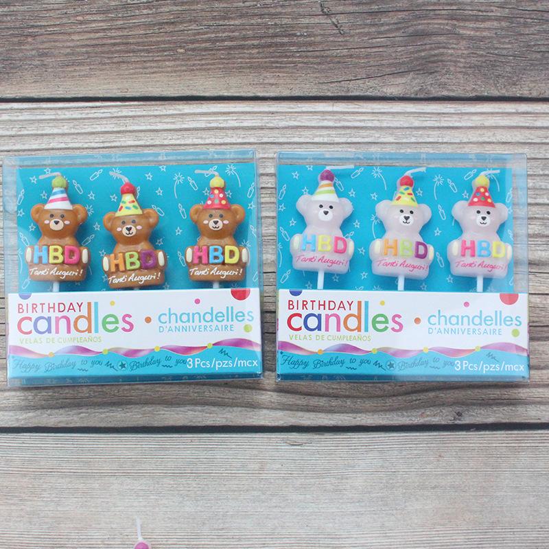 Cartoon 3 Bear Birthday Candles HBD Brown Cute Party Hat Bear Children's Cake Candle Decoration
