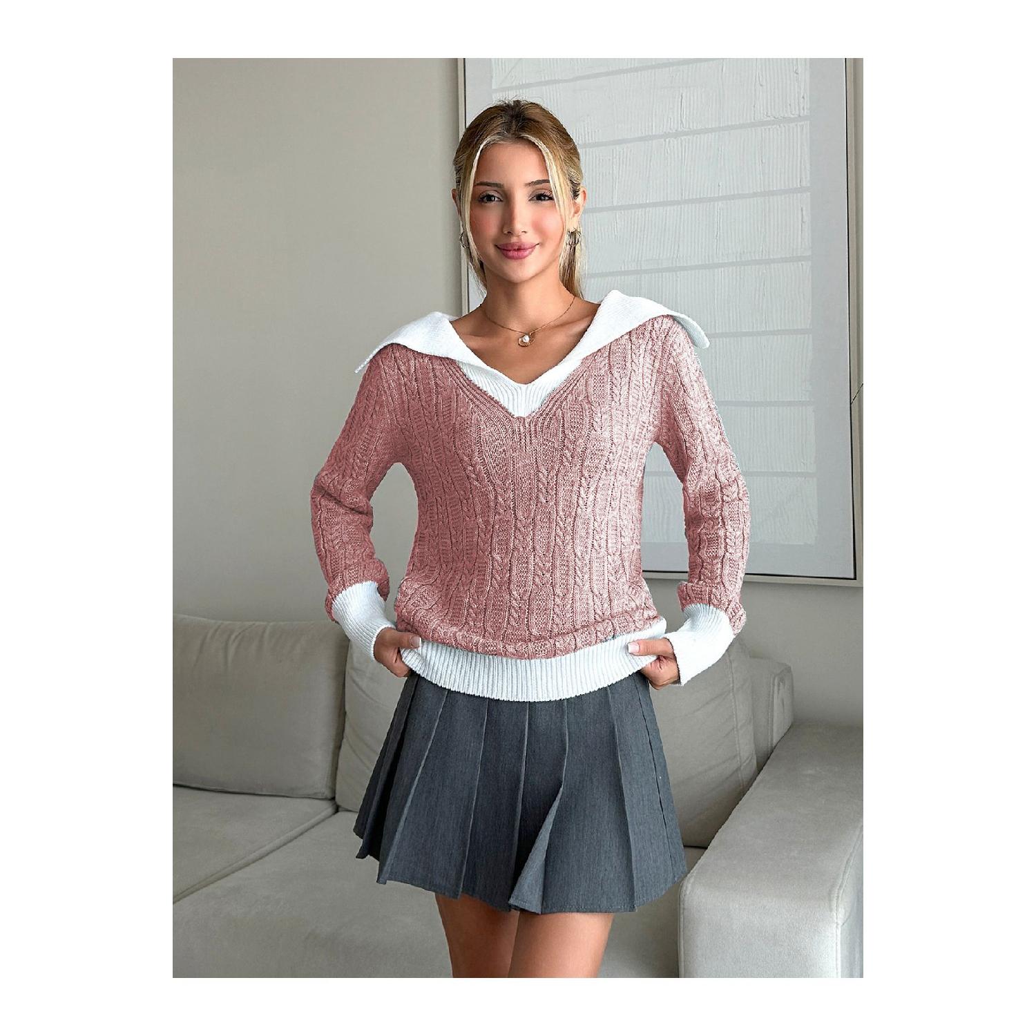 

Women s V-neck Execution Pattern Hair Knit Powder Knitwear Sweater S рожевий