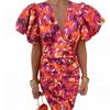 Neues Europäisches und Amerikanisches Design, Bedrucktes Lässiges V-Ausschnitt Eng Anliegendes Hüftumwickelndes Taillen-Blasen-Kurzarmkleid